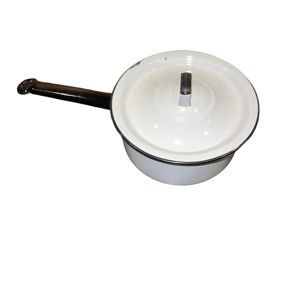 Vintage Enamelware White & Blue Small Sauce Pot With Lid For Decoration Only GUC